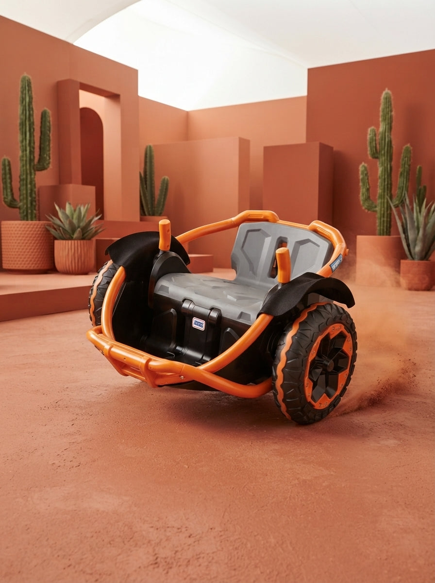 A sleek, multi-colored battery-powered ride-on vehicle featuring dual-stick steering controls on a modern, terracotta-toned s